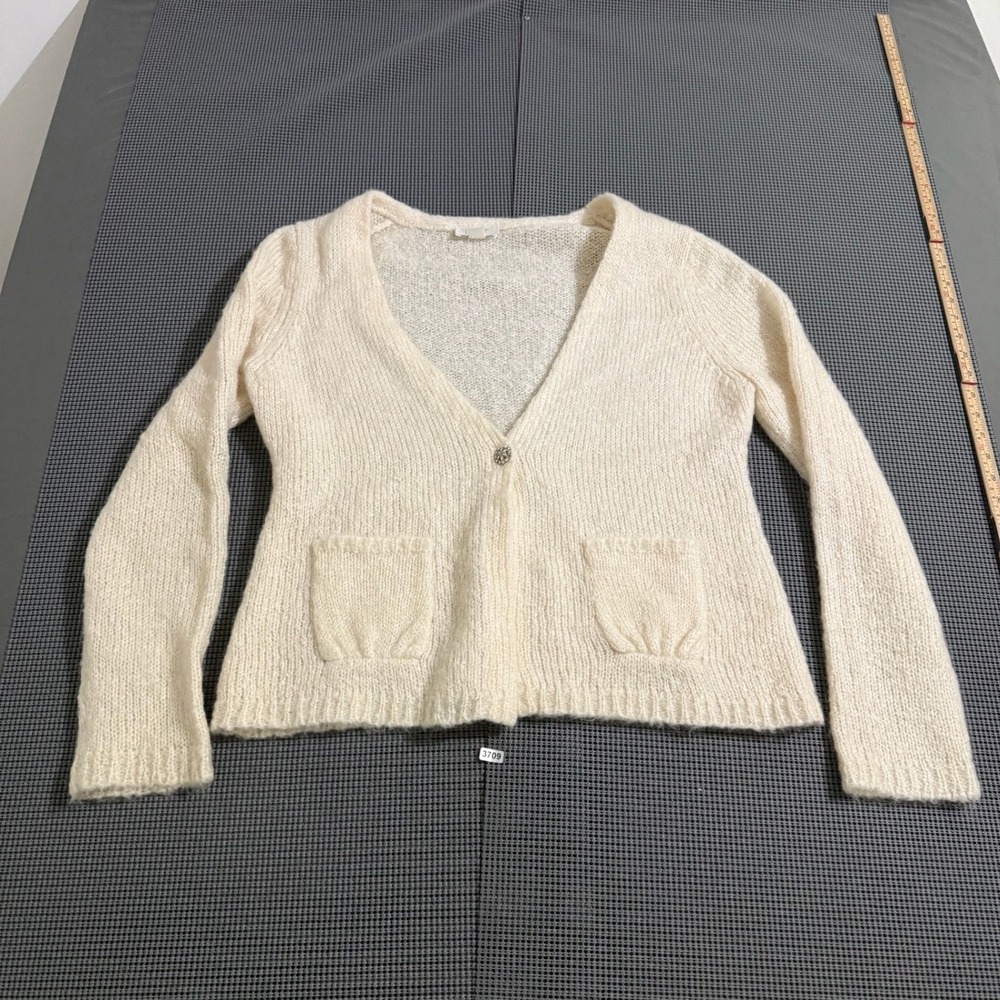 Ann Taylor LOFT Womens Ivory Knit V-Neck Single Button Cardigan Sweater Size L